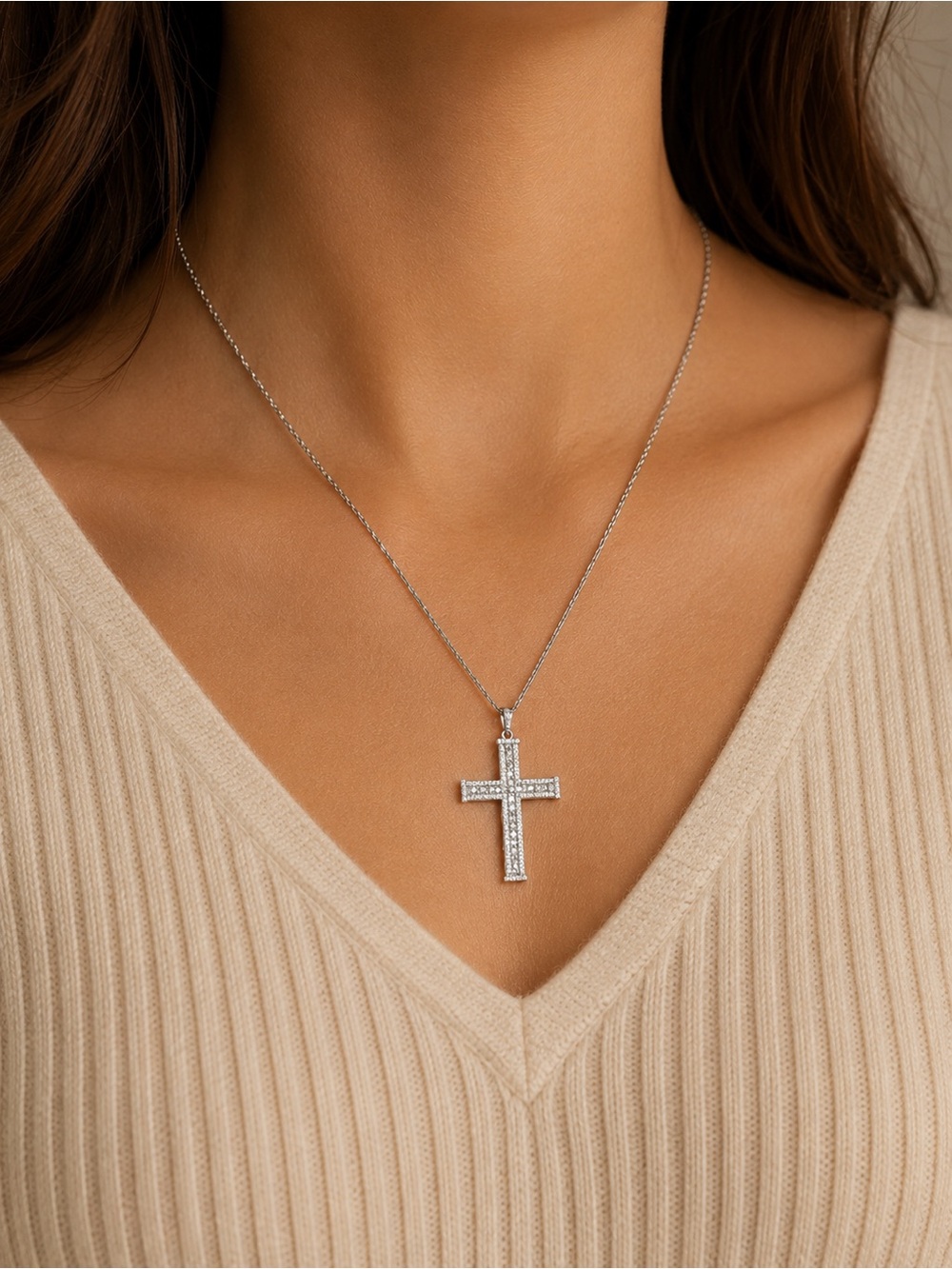 925 Silver CZ Cross Pendant Necklace - Elegant Women's Jewelry